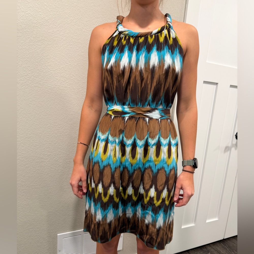 Banana Republic Brown, Teal & Yellow Patterned Halter Midi Dress